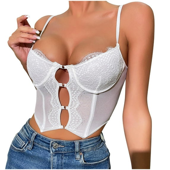 Womens Going Out Bustier Corsets Spaghetti Strap Sexy Cropped Corset Tops Boned Sheer Vintage Lace Bustier White, L