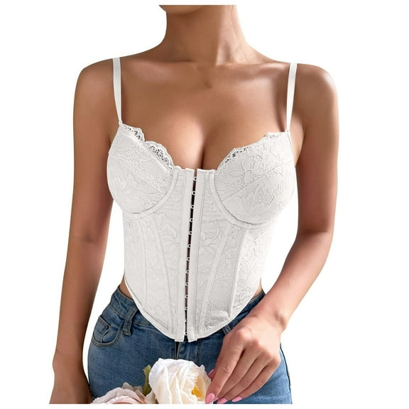 Womens Going Out Bustier Corsets Spaghetti Strap Sexy Cropped Corset Tops Boned Vintage Floral Lace Bustier White, S