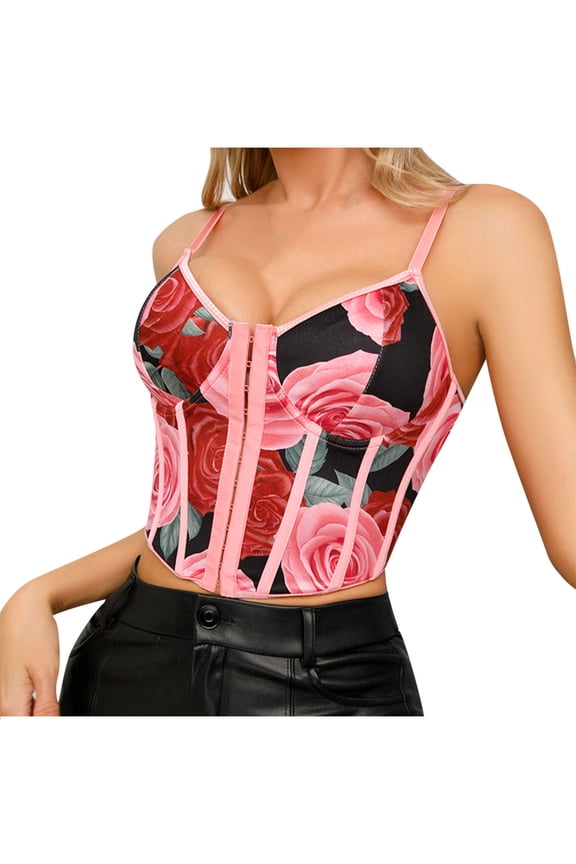 Womens Going Out Corset Tops Spaghetti Strap Sexy Boned Bustier Corsets Push Up Overbust Body Shaper Crop Top Pink, L