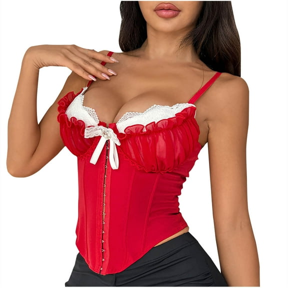 Womens Going Out Corset Tops Spaghetti Strap Sexy Boned Bustier Corsets Push Up Overbust Body Shaper Crop Top Red, M