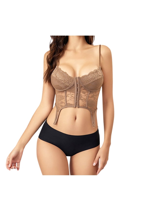 Womens Going Out Corset Tops Spaghetti Strap Sexy Sheer Bustier Corsets Push Up Lace Body Shaper Crop Top Coffee, S