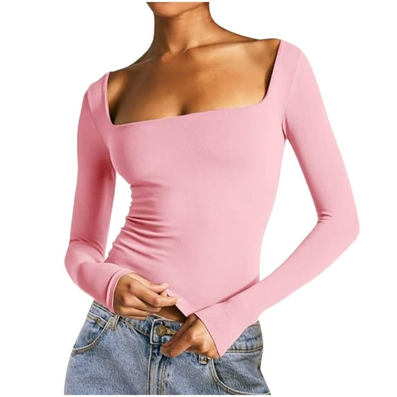 Womens Going Out Crop Tops Slim Fit Long Sleeve Square Neck Y2k Tee Shirt Stretch Soft Casual Fall Tshirts (L, Pink)