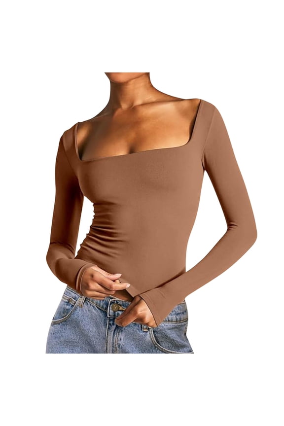 Womens Going Out Crop Tops Slim Fit Long Sleeve Square Neck Y2k Tee Shirt Stretch Soft Casual Fall Tshirts (M, Coffee)