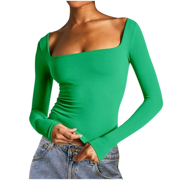 Womens Going Out Crop Tops Slim Fit Long Sleeve Square Neck Y2k Tee Shirt Stretch Soft Casual Fall Tshirts (M, Green)