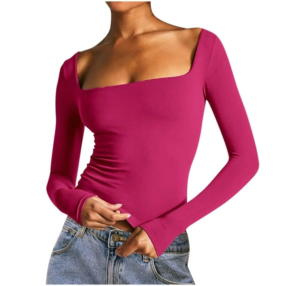 Womens Going Out Crop Tops Slim Fit Long Sleeve Square Neck Y2k Tee Shirt Stretch Soft Casual Fall Tshirts (M, Hot Pink)
