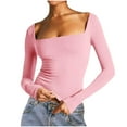 thumbnail image 1 of Womens Going Out Crop Tops Slim Fit Long Sleeve Square Neck Y2k Tee Shirt Stretch Soft Casual Fall Tshirts (M, Pink), 1 of 3