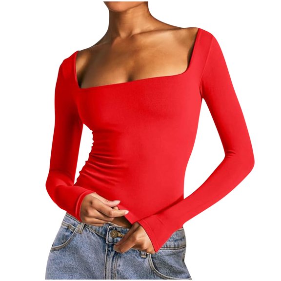Womens Going Out Crop Tops Slim Fit Long Sleeve Square Neck Y2k Tee Shirt Stretch Soft Casual Fall Tshirts (S, Red)