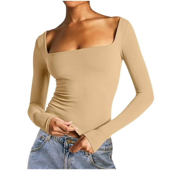 Womens Going Out Crop Tops Slim Fit Long Sleeve Square Neck Y2k Tee Shirt Stretch Soft Casual Fall Tshirts (XS, Beige)