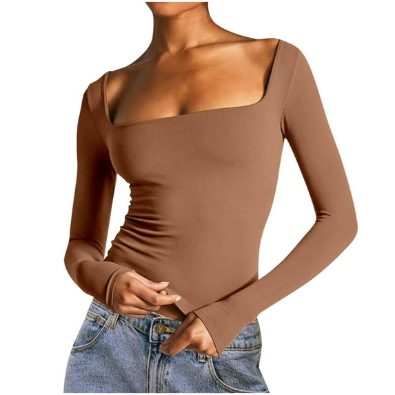 Womens Going Out Crop Tops Slim Fit Long Sleeve Square Neck Y2k Tee Shirt Stretch Soft Casual Fall Tshirts (XS, Coffee)