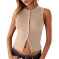 thumbnail image 1 of Womens Going Out Tank Top Ribbed Button Down Sleeveless Vest Crop Spring Beach Vacation Summer Tops Khaki XXL(XXL), 1 of 8