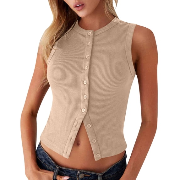 Womens Going Out Tank Top Ribbed Button Down Sleeveless Vest Crop Spring Beach Vacation Summer Tops Khaki XXL(XXL)