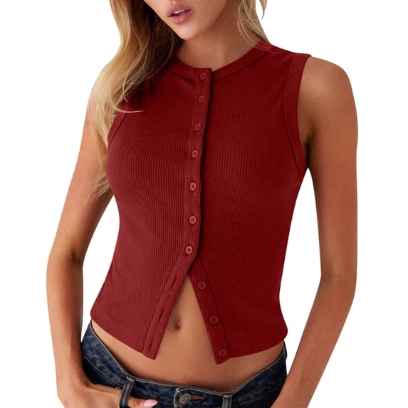 Womens Going Out Tank Top Ribbed Button Down Sleeveless Vest Crop Spring Beach Vacation Summer Tops Wine XXL(XXL)