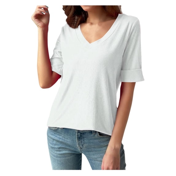 Womens Going Out Tops Casual V-Neck Cuffed Elbow-Length Sleeve Tshirts Loose Ribbed Knitted Solid Color Soft Basic Pullover Blouses Tees
