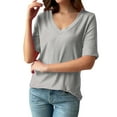 thumbnail image 1 of Womens Going Out Tops Casual V-Neck Cuffed Elbow-Length Sleeve Tshirts Loose Ribbed Knitted Solid Color Soft Basic Pullover Blouses Tees, 1 of 8