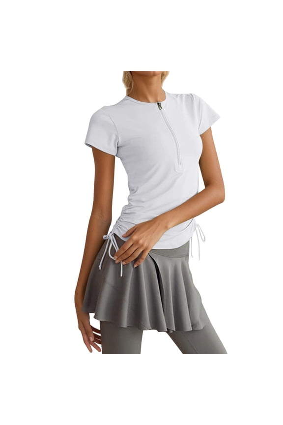 Womens Going Out Tops Half Zip Short Sleeve Tight Running Blouses,White,S