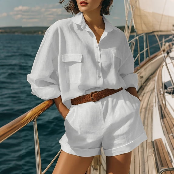 Womens Going out Outfits Womens Oversized Linen Outfits Long Sleeve Button Shirt High-Waist Shorts Set Summer Beach Vacation Wear White 3XL