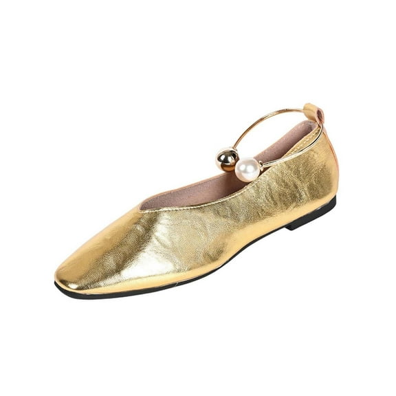 Womens Gold Ballet Flats Square Toe with Ankle Strap Pearl Accent Comfortable Metallic Dressy Casual Shoes,Size 36
