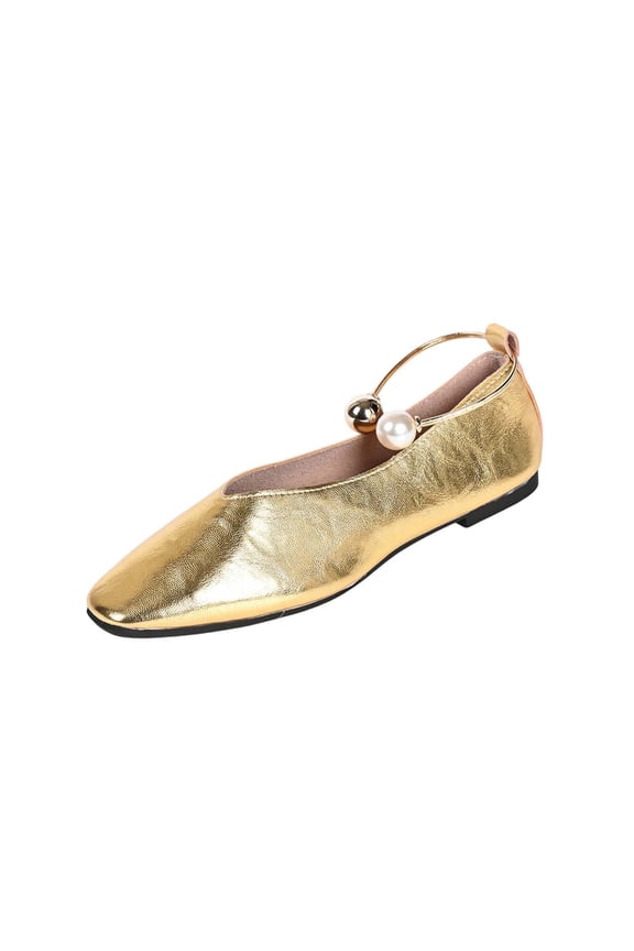 Womens Gold Ballet Flats Square Toe with Ankle Strap Pearl Accent Comfortable Metallic Dressy Casual Shoes,Size 38