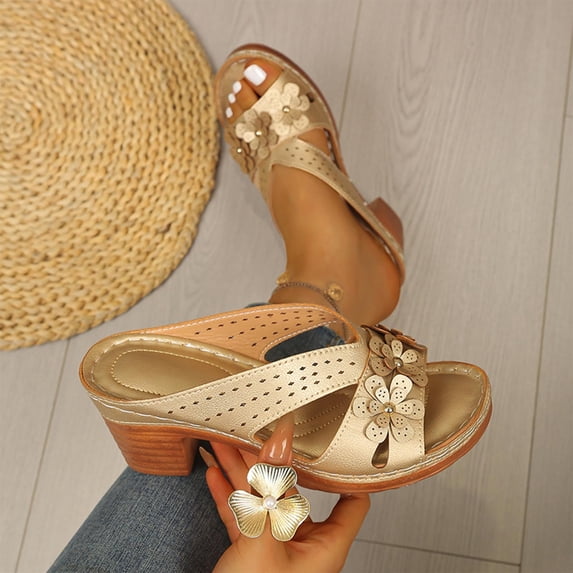 Womens Gold Block Heel Slide Sandals Vegan Faux Leather Cushioned Perforated Open Toe Casual Slip Ons,Size 43