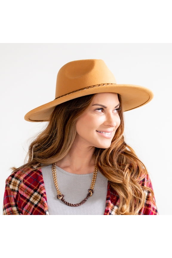 Womens Gold Chain and Ribbon Camel Wide Brim Hat by Howard's