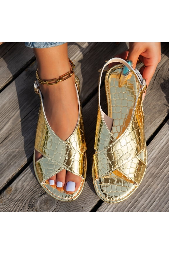 Womens Gold Metallic Sandals, Slingback Croc-Embossed PU with Adjustable Buckle, Comfortable Dressy Casual Open-Toe Footwear, Size 6-11,Size 42