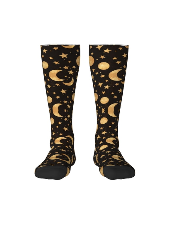 Womens Gold Moon And Stars Knee High Socks Comfy Thermal Boot Long Socks