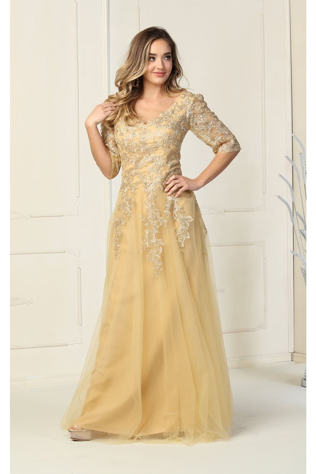 Womens Gold Mother Of The Bride Formal Evening Long V Neck Short Sleeve  A-Line Plus Size Dress - Walmart.com