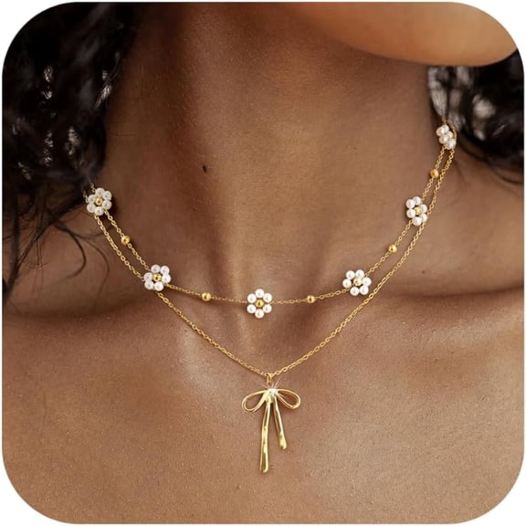 Womens Gold Plated Bow Pearl Necklace - Dainty 18k Gold Plated Layered Bow Daisy Pearl Necklaces Set for Women, Cute Bow Flower Choker Necklace Trendy Jewelry Gifts
