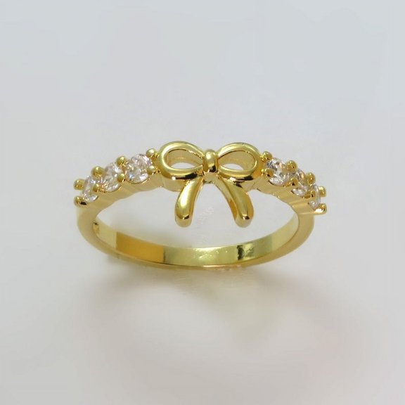 Womens Gold Plated Copper Bowknot Ring with Zircon Inlay  Artificial Gem Semi Precious Stone Yellow Gold Fashion Jewelry