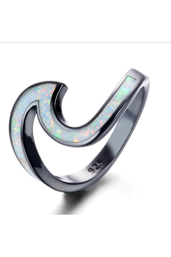 Womens Heart Ring Gold Plated Ring with Black Opal and White Ocean Wave Design Fashion Jewelry Heart Shaped Ring for
