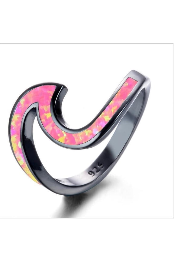 Womens Heart Ring Gold Plated Ring with Black Opal and White Ocean Wave Design Fashion Jewelry Heart Shaped Ring for