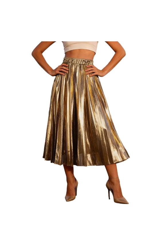 Womens Gold Pleated Maxi Skirt Accordion Elastic Waist Aline Swing Metallic Shiny Long Party Skirt Mid Calf Length Gold One Size
