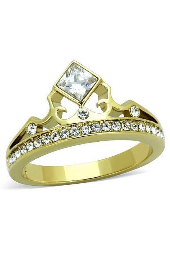 Womens Gold Ring 316L Stainless Steel Anillo Color Oro Para Mujer Ninas Acero Inoxidable with AAA Grade CZ in Clear Ariel
