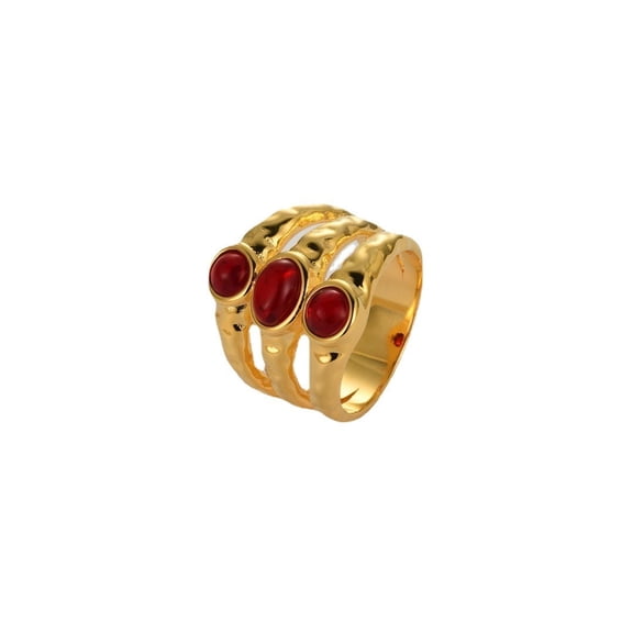 Womens Gold Ring with Ruby Inlaid Multi-Layer Irregular Texture Brass Plated 18K Real Gold Electroplating Ring for Her Fashion Jewelry Gift