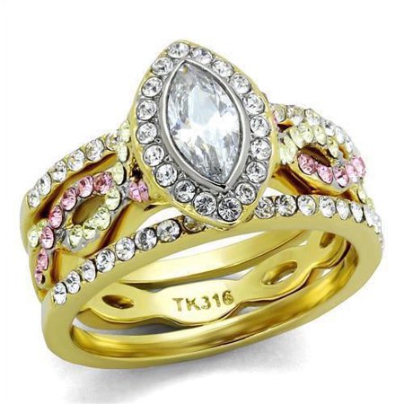 Womens Gold Rings Two-Tone IP Gold (Ion Plating) 316L Stainless Steel Ring with AAA Grade CZ in Clear TK2129