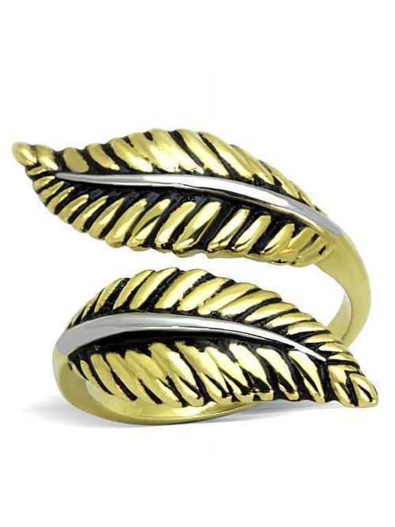 Womens Gold Rings Two-Tone IP Gold (Ion Plating) Stainless Steel Ring with Epoxy in Jet TK1707