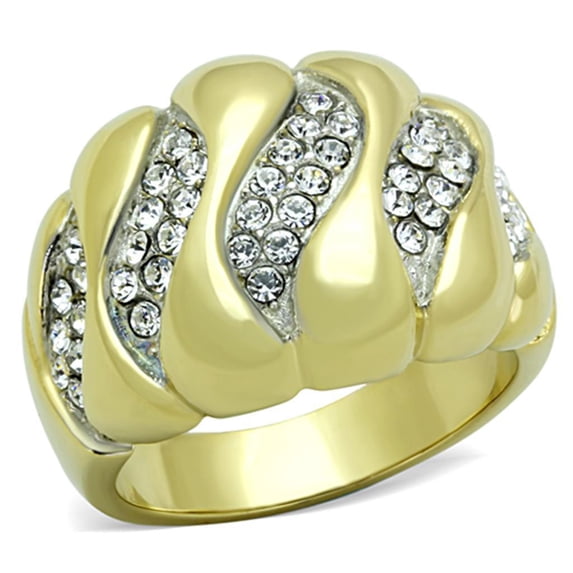 Womens Gold Rings Two-Tone IP Gold (Ion Plating) Stainless Steel Ring with Top Grade Crystal in Clear TK1559