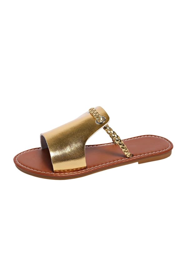 Womens Gold Slide Sandals Open Toe Comfortable Braided Strap Flat Casual Beach Everyday Shoes,Size 6