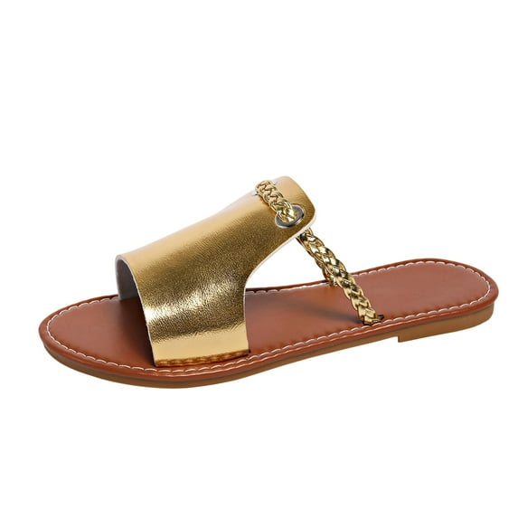 Womens Gold Slide Sandals Open Toe Comfortable Braided Strap Flat Casual Beach Everyday Shoes,Size 9.5