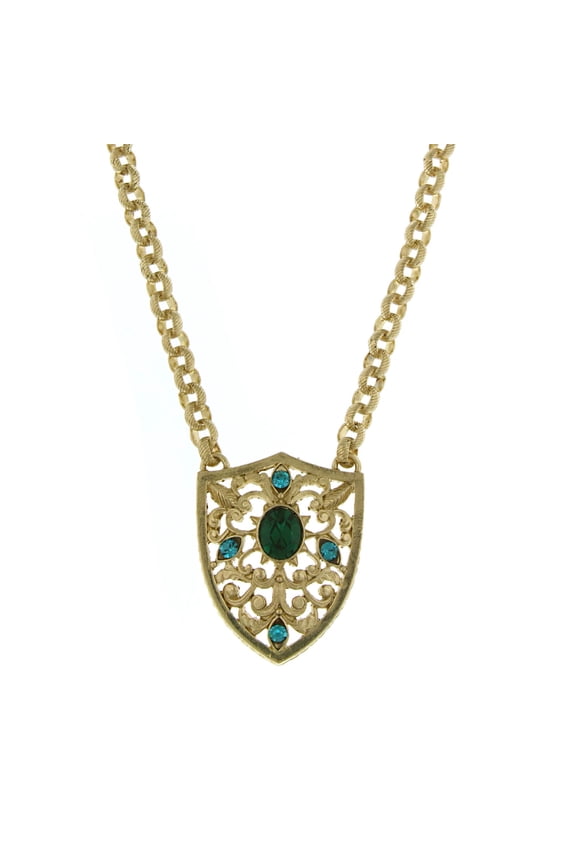Womens Gold-Tone Blue Zircona/Emerald Shield Pendant Necklace 20