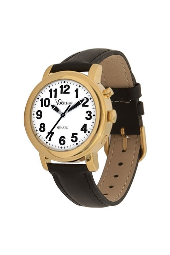 Womens Gold Tone Talking Watch - Black Leather Band