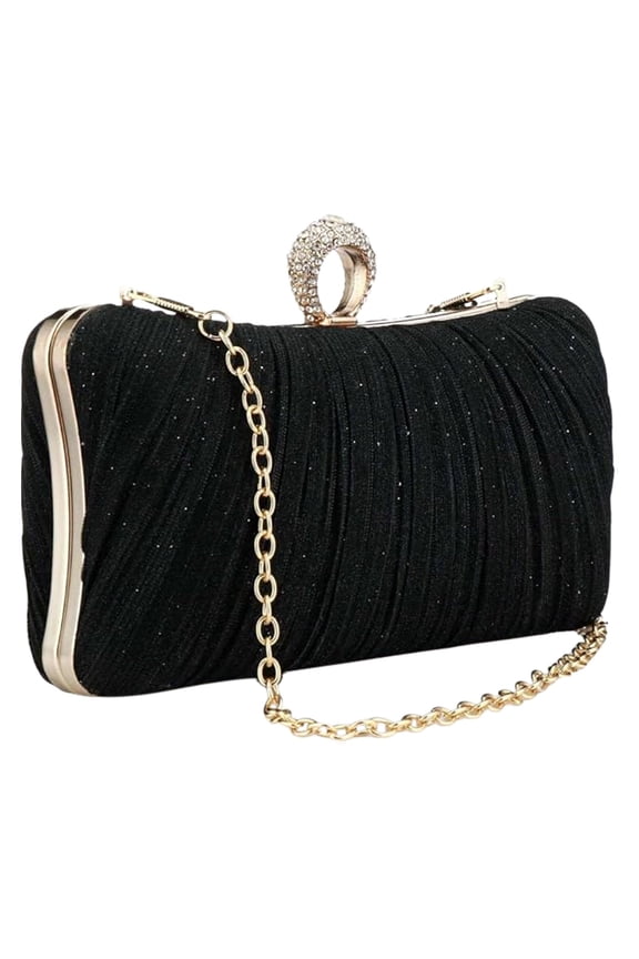 Womens Golden Glitter Clutch Evening Bag Pleated Bridal Wedding Party Purse With Rhinestone Ring Handle
