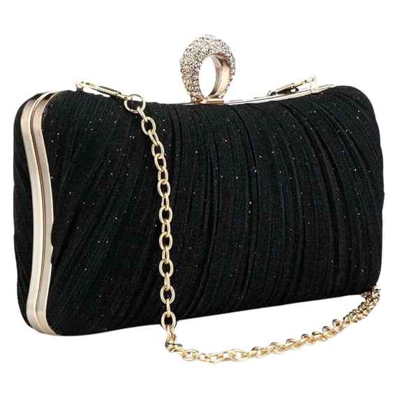 Womens Golden Glitter Clutch Purse Pleated Evening Bag For Bridal Wedding Party With Rhinestone Ring