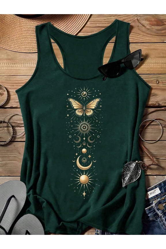 Womens Golden Moon & Butterfly Print Racerback Camisole Tank Top - Dark Green, 1 Pack