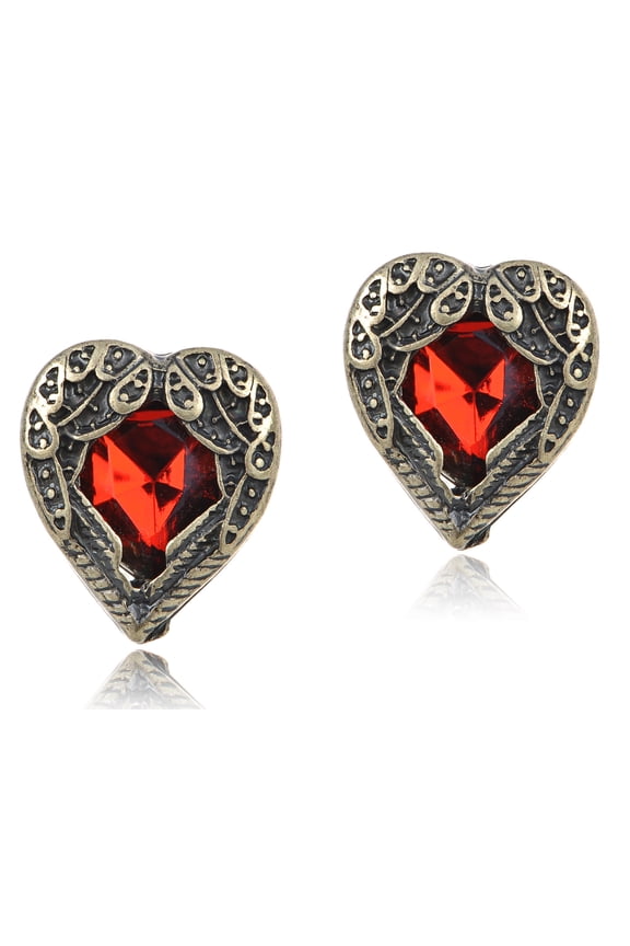 Womens Golden Tone Wine Red Crystal Rhinestone Heart Wings Stud Earrings