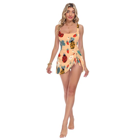 Womens Golden Turtle Strawberry Pattern Print 2-in-1 Swim Dress Detachable Skirt One-Piece Swimsuit Square Neck S-XXL