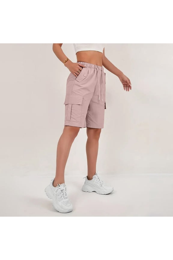 Womens Golf Bermuda Cargo Shorts with Pockets Elastic Waist Below the Knee Wide Leg High Waisted Sweat Shorts Quick Dry Pull On Jogger Exercise Shorts Pink M
