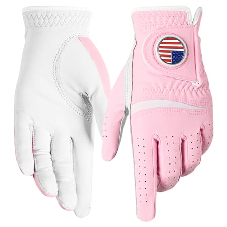 Womens Golf Glove with the USA flag Ball Marker 1 Pack,, All Weather Grip Microfiber & Leather Gloves for Ladies, Comfortable Breathable Fit for Left Hand or Right Hand in Pink