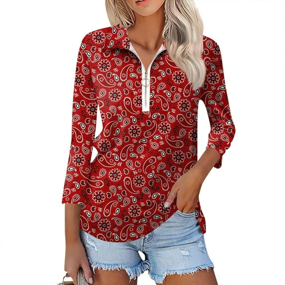 Womens Golf Polo Shirt 3/4 Length Sleeve V-Neck Polo Shirts Casual Retro Fashion Tops Blouse