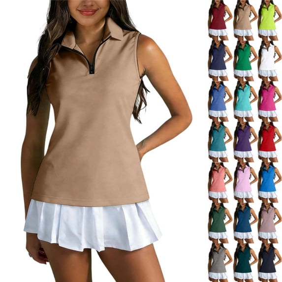 Womens Golf Polo Shirts Casual Solid Color Sleeveless Zipper Tank Tops Lightweight Quick Dry Athletic Tennis Shirt,Khaki,L